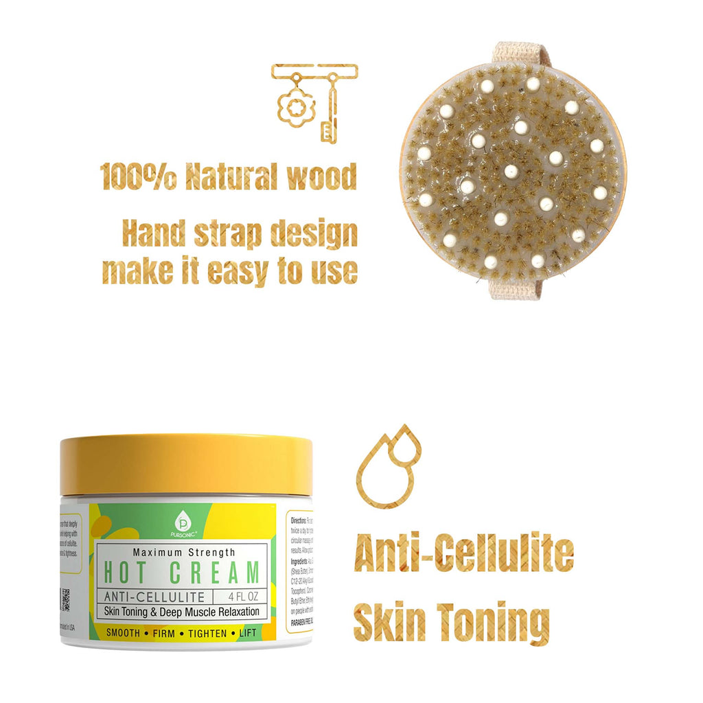 Anti-Cellulite Hot Cream Kit — Wooden Brush & Rubber Massager Set